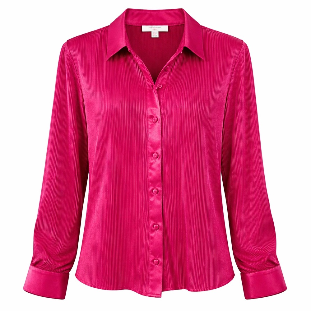 Umgee Pleated Blouse Medium Button Front Shirt Career Workwear Bright Pink Top